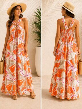 Gef France Maxi Dress Womens M Orange Floral Halter O-Ring Smocked Back Summer